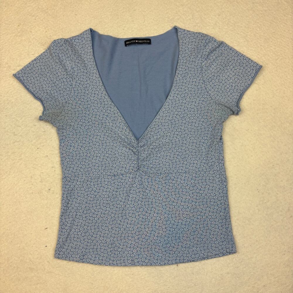 Brandy Melville Gina Floral Crop Top Women's Blue Short Sleeve T-Shirt Blouse